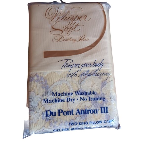 Vtg Sheet Set Whisper Soft Double Nylon Satin Lace Trim Flat Fitted Pillowcase - Picture 7 of 8